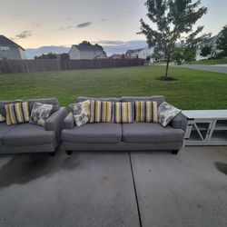 Large Grey and Brown Couch Love Seat and Entertainment Center