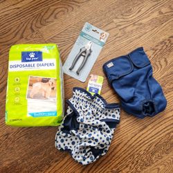 Dog diapers, new never used, plus dog nail clipers