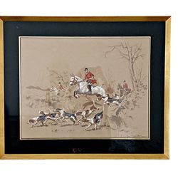 Large water Watercolor English hunting scene horses and Hounds