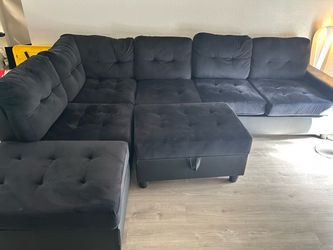 Black velvet L shaped couch