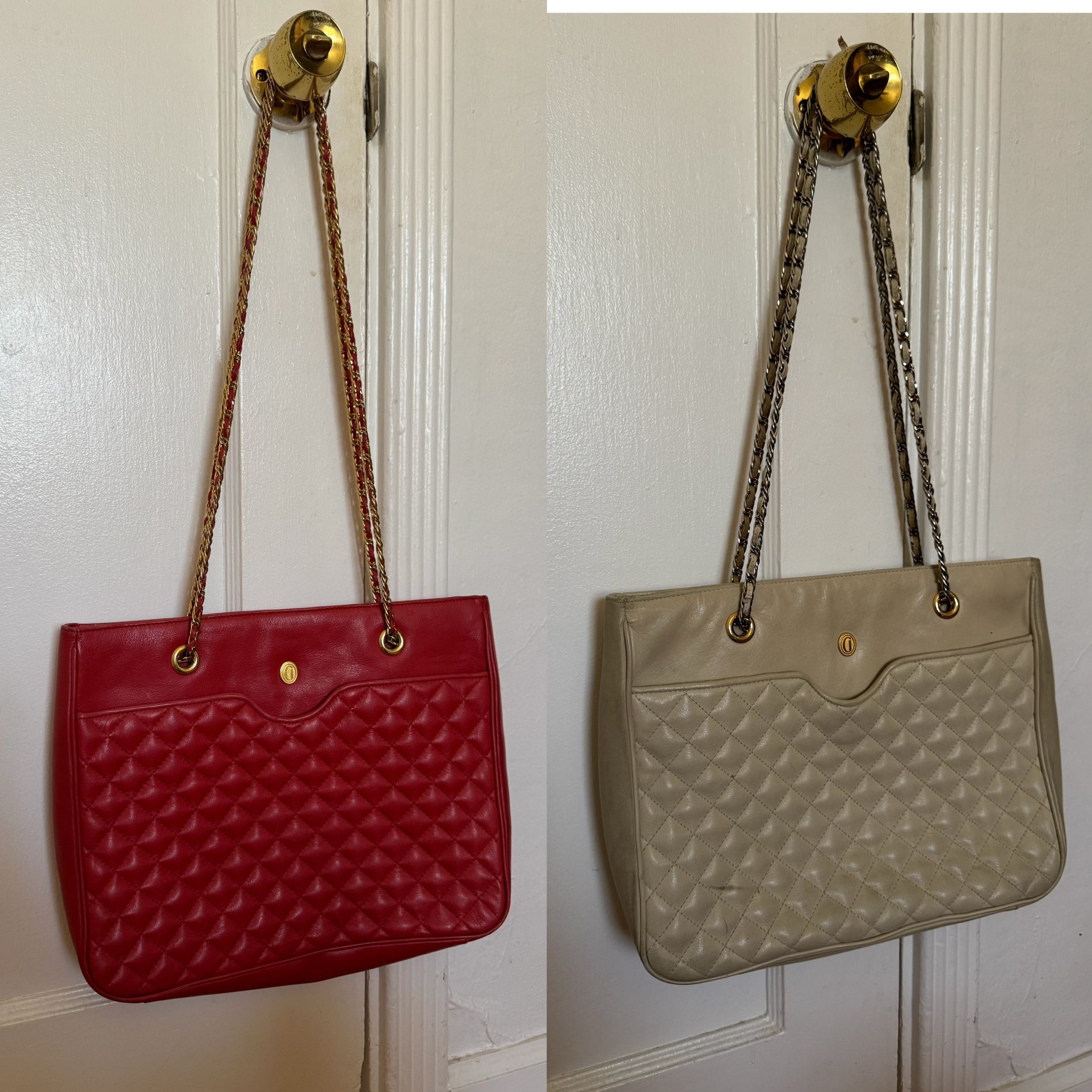 Set of 2 Ganson Shoulder Matelasse Quilted Bag Chain bag Shoulder Tote Bag. The handle/strap of the beige one is a bit damaged. Buy the red one and