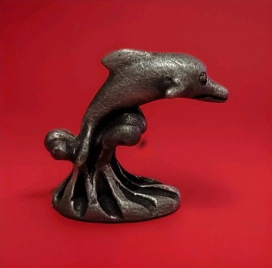 Vintage Pewter Dolphin Above Waves Miniature Collectible Figurine 1"

