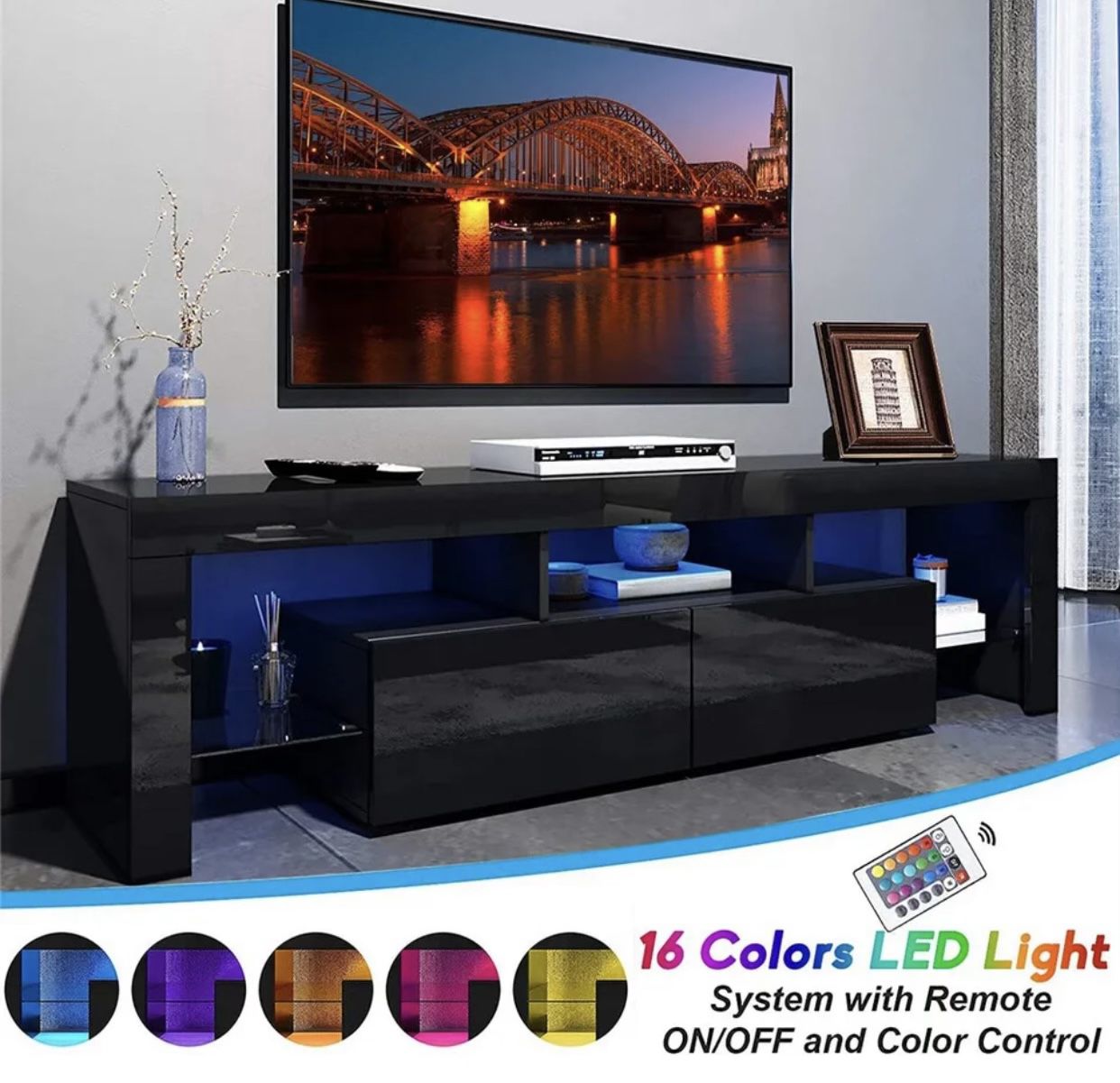 New Black Led Tv Stand 63 Inches Length Led Changing Color Lights 