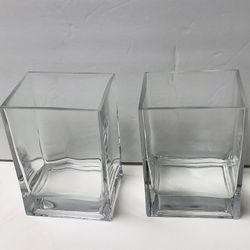 Special occasions/ home decor. cube vase, clear glass, 5 1/2 inches tall, 4 inches wide, 3 inches depth, 2 pieces available, $4 each.