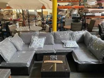 Assembled New 7 Pieces Outdoor Patio Furniture Sets PE Rattan Wicker Brown Wicker Gray Cushion