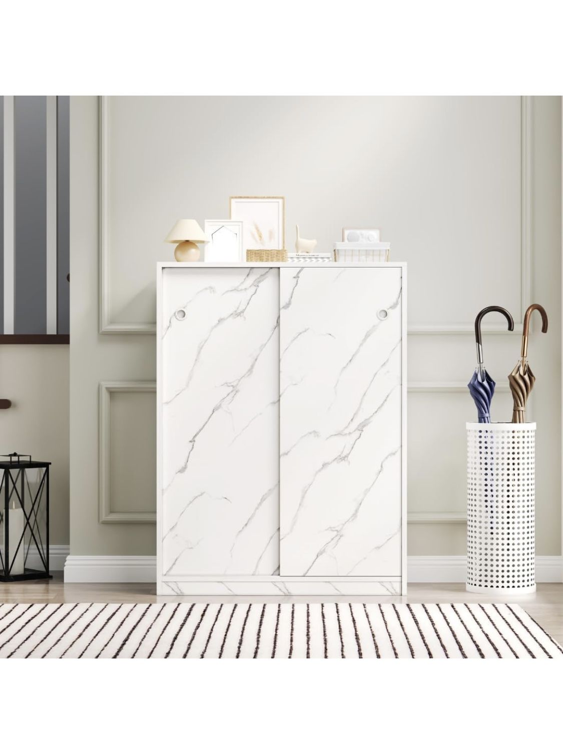 6-Tier Marble White Shoe Cabinet with Sliding Doors, Minimalist Shoe Storage Organizer for 30+ Pairs