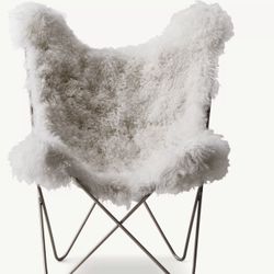 RH Arctic White Mink Faux Fur Butterfly Chair with Brass/Gold Frame