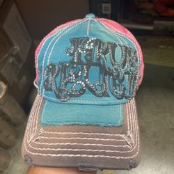 True Religion Hat OS Womens Pink Blue Logo Distressed Rhinestone Adjustable