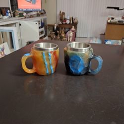 Set Of 2 Resin That Looks Like Mineral Crystals Coffee Mugs W/Stainless Steel Lining Holds 5 OZ 