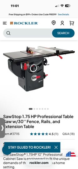 SawStop PCS 1.75 hp table saw with mobility and outfeed