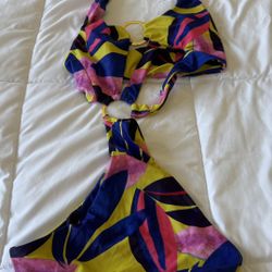 Vibrant Tropical Print Bikini Set - High-Waisted & Halter Top Design, Adjustable Straps, Trendy Beachwear - Brand New!