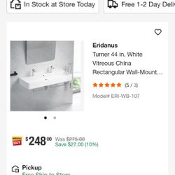 Turner 44 in. White Vitreous China Rectangular Wall-Mount Bathroom Trough Vessel Sink w/ Double Faucet Hole and Overflow