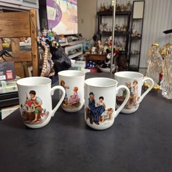 Norman Rockwell Museum's 1982 Collectible Set Of 4 Mugs W/Seal Of Authenticity On Bottom, Trimmed In 24K Gold-SEE DESCRIPTION