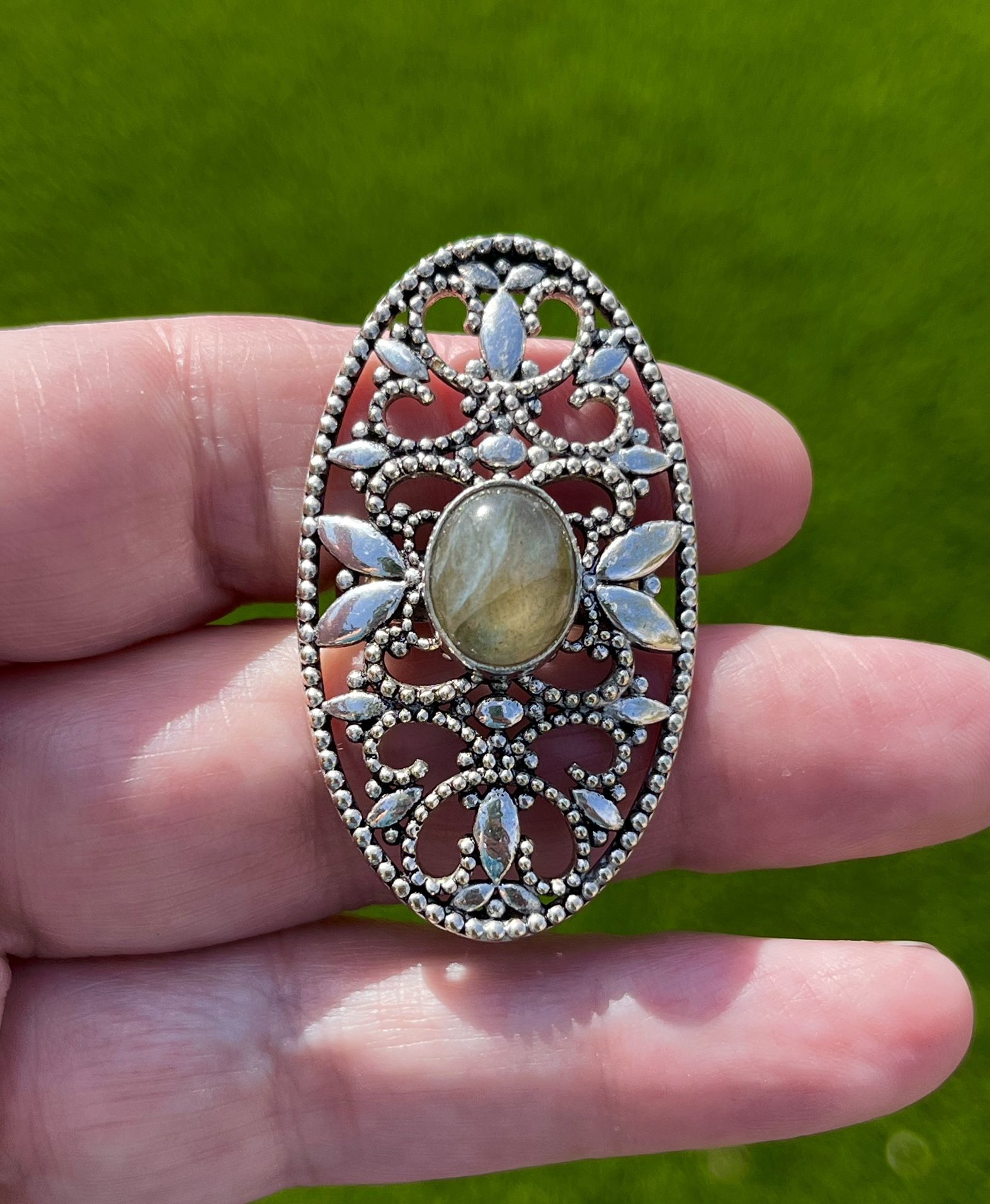 Victorian Style Filagree Labradorite Longated Sterling Silver Ring Sz 7
