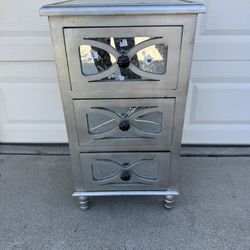 Small Cute Silver Dresser/Night Stand/File Cabinet Glass Top