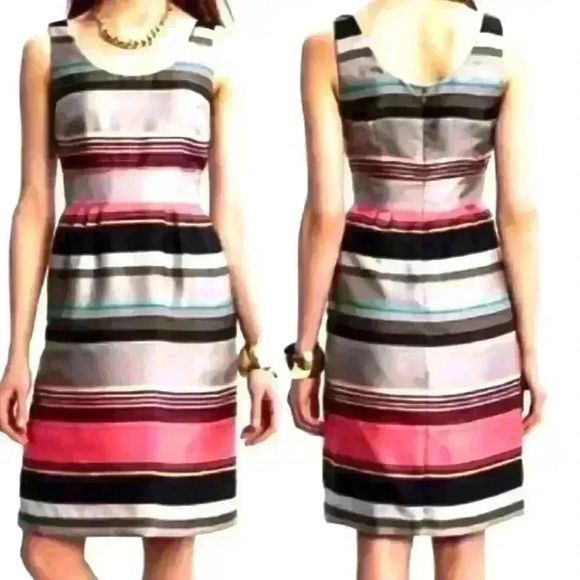 Banana Republic Silk  Satin Gray Taupe Coral Pink Multi Stripe Dress - size XL