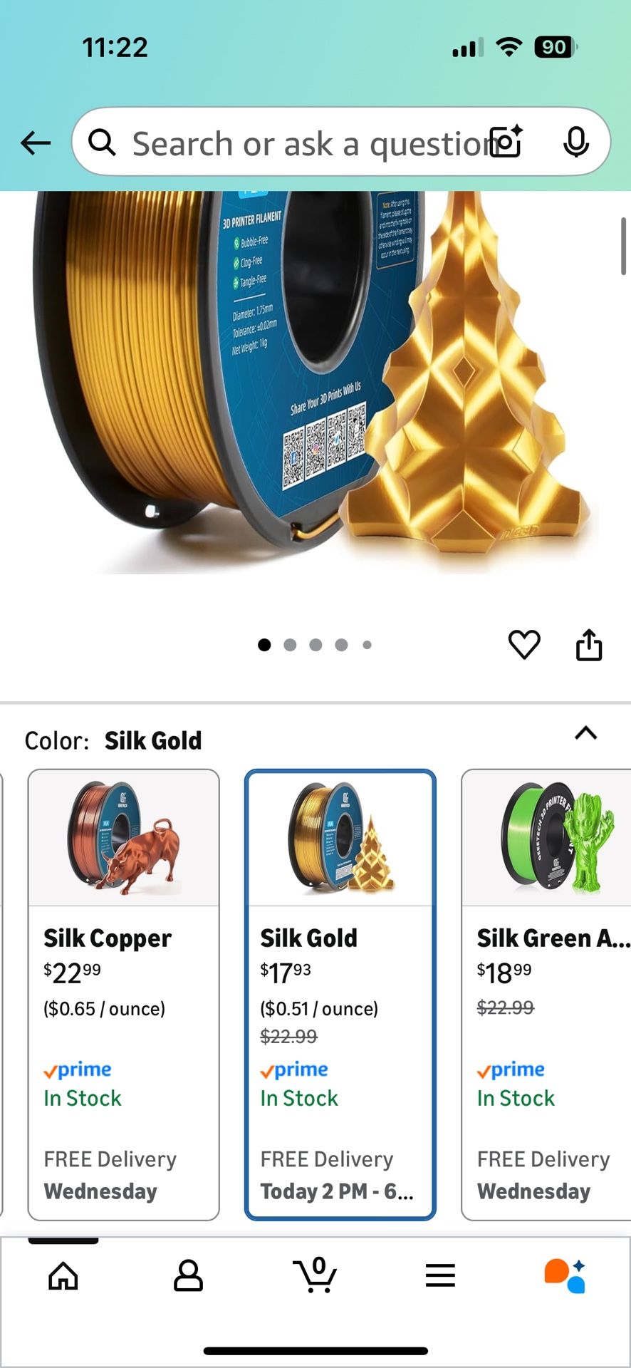 Geeetech Silk PLA Filament 1.75mm for 3D Printer, Metal-Like Shiny Consumables 1kg (2.2lbs) 1 Spool, Dimensional Accuracy +/- 0.02 mm, Metallic Gold S