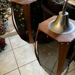 Pair Of Vintage Mid-Century Modern Smoked Acrylic, Walnut and Chrome Pendant Light