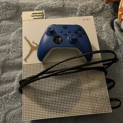 Xbox One S with Controller, Charger, and console cords.