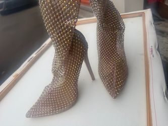 Rhinestone Mesh Stiletto Knee-High Boots