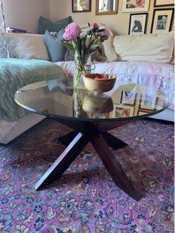 Contemporary Modern Round Glass Coffee Table with Dark Wood Base