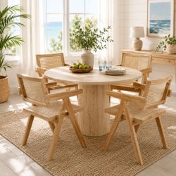 Set Of 4 - Natural Wood Mid-Century Modern Cane / Rattan Back Woven Dining Chairs [NEW IN BOX] **Retails for $400+ [CHAIRS ONLY / TABLE NOT INCLUDED]