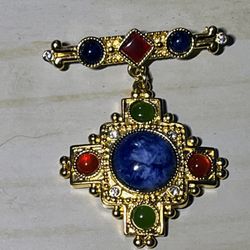Vintage 1980's Jeweled Maltese Cross Brooch Signed