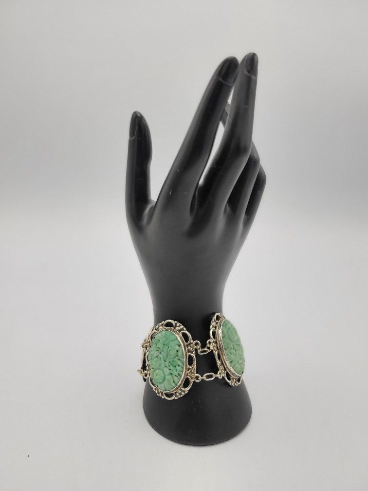 Beautiful Sterling Silver and Carved Jade Bracelet