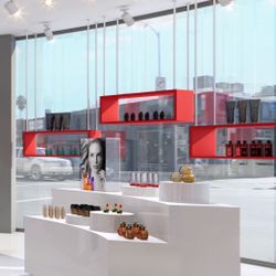 Modern Red Hanging Retail Display Shelves – 9 for $250 (Priced to Sell)