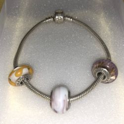 PANDORA SILVER BRACELET W/ 3 Silver Charms 8in 