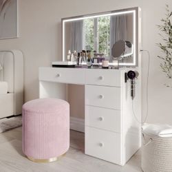Makeup Vanity with LED Mirror, Bluetooth Speakers, and 5 Drawers
