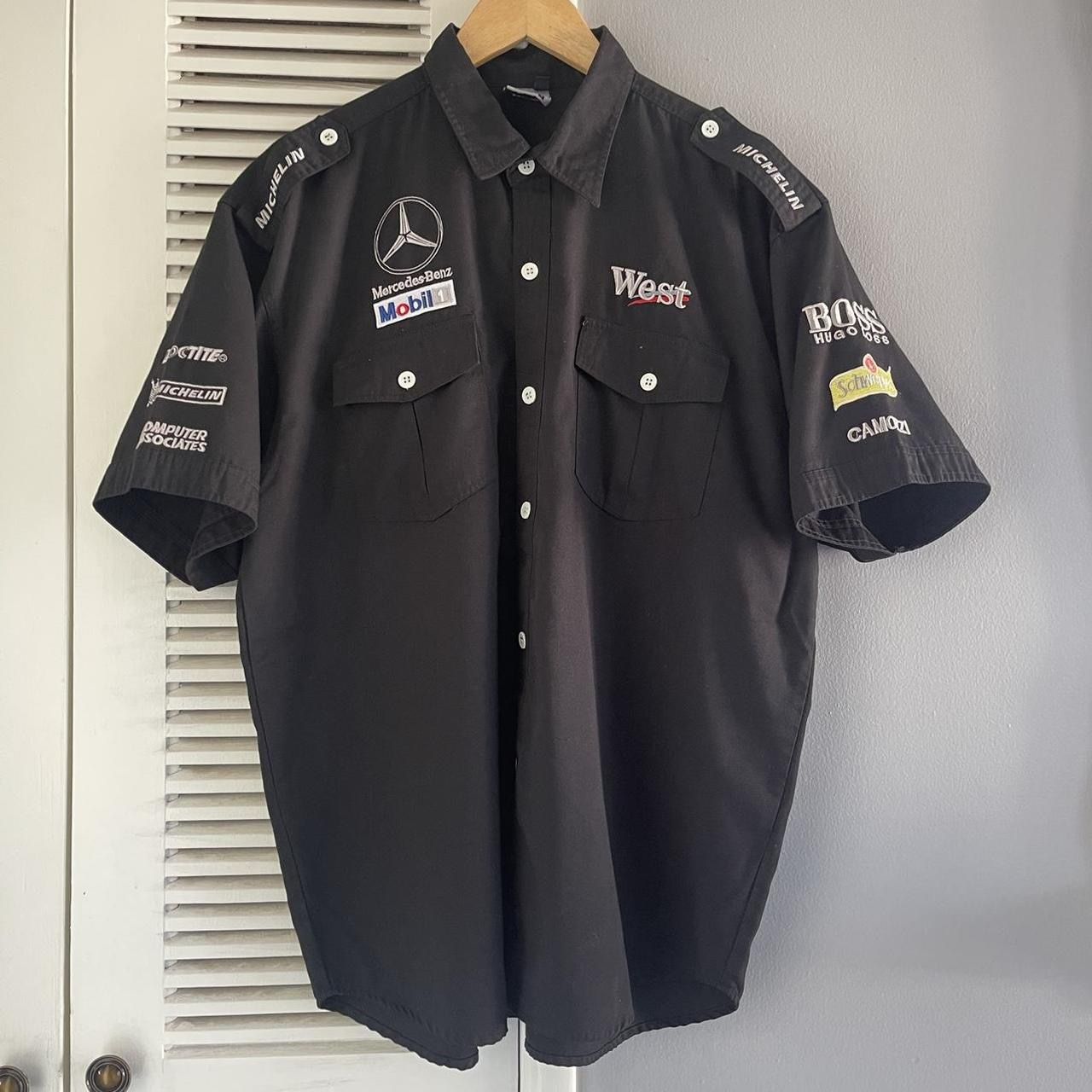 Vintage 90s West McLaren Mercedes Pit Crew Shirt F1 Formla One Grand Prix Mobile Michelin Racing Team Button Up Merch Shirt