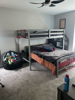 Grey Wooden L-Shaped Bunk Bed with Storage Stairs