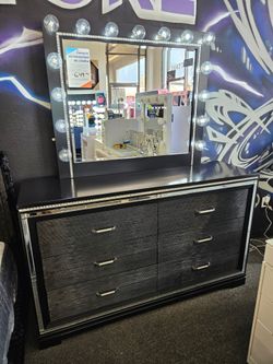 Brand New Dresser Black 6 Drawers W/ Hollywood Mirror Clear Light Builbs $589