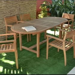BRAND NEW Open Box 7 Piece 100% FSC Solid Teak Extendable Table and Chair Patio & Outdoor Dining Set
