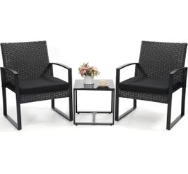 Outdoor 3-Piece Wicker Bistro Set, Patio Conversation Set 2 chairs with Coffee Table, for Balcony, Porch, Garden, Yard, Poolside, Black Frame & Black 
