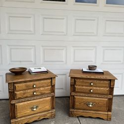 pair of oak bedside tables - ornate hardware - vintage charm 