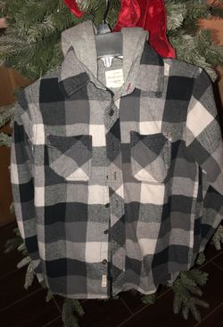 Boys 10-12 plaid checker hooded flannel button up black grey