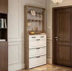 Hall Tree with Shoe Storage Cabinet and Coat Rack Slim Entryway Hall Tree with 3 Flip Drawers and 2 Storage Drawers for Narrow Halls and Mudroom White