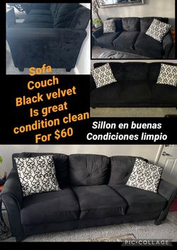 Sofa couch black velvet great condition clean for $60