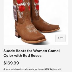 Suede Boots For Woman Camel Color With Red Roses 