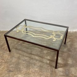 Custom Made Glass and Steel Coffee Table, with Gold Filigree