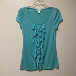 Women’s LOFT Ann Taylor Cotton/modal aqua blue ruffled front short sleeve top… Size small