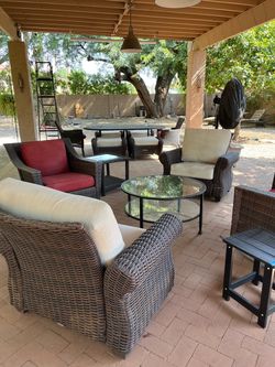 Patio set 4 chairs, 2 benches, tables