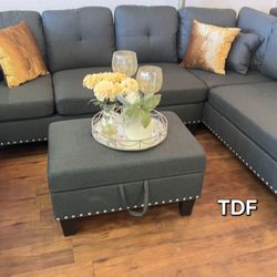 Charcoal Grey Linen Sectional Sofa +Storage Ottoman (New In Box) 