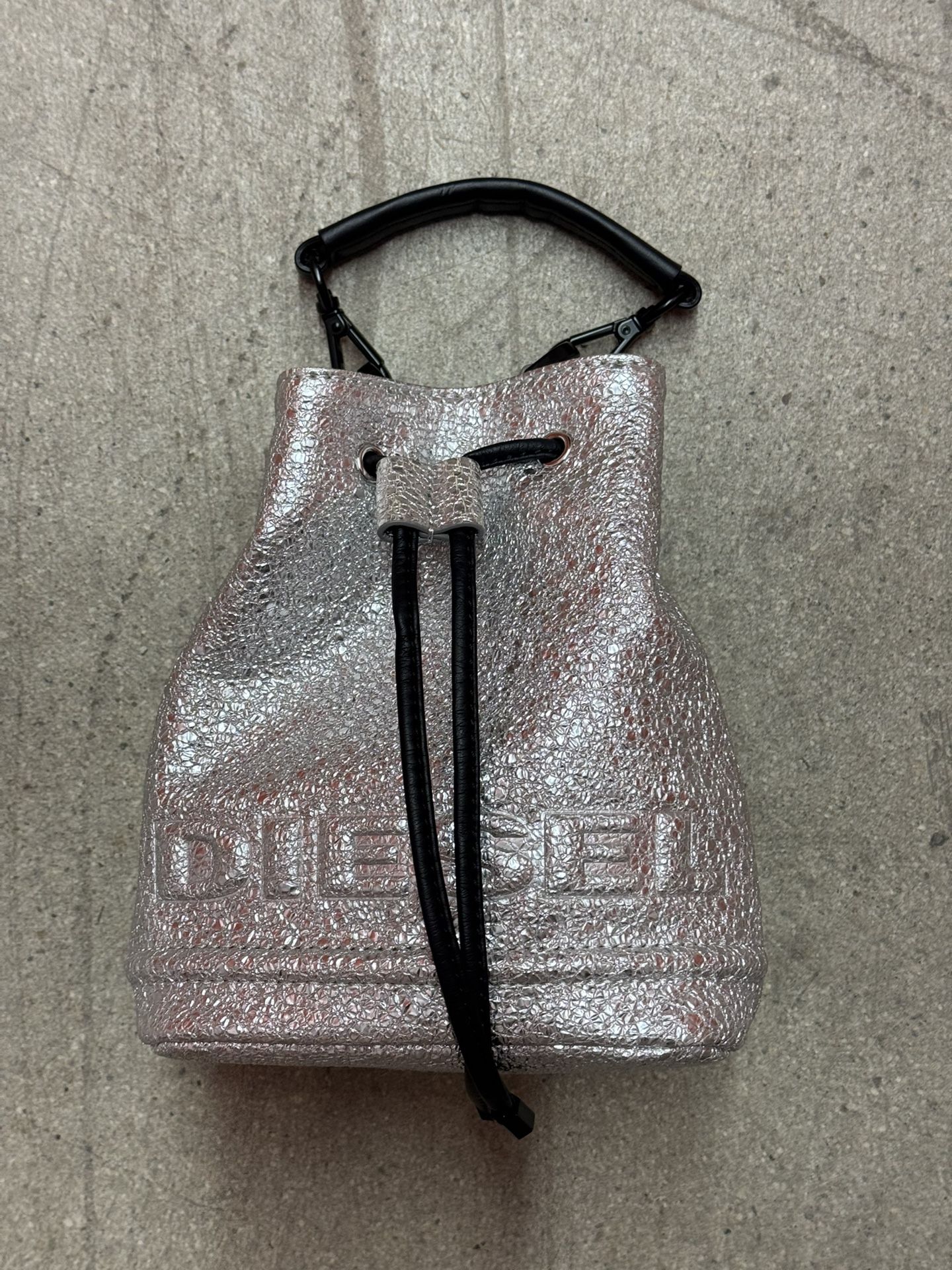 Diesel Metallic Mini Bucket Bag – Silver Crinkle Textured