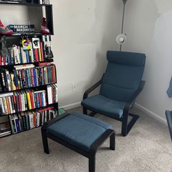 Lounge Chair, Ottoman And Bookshelf