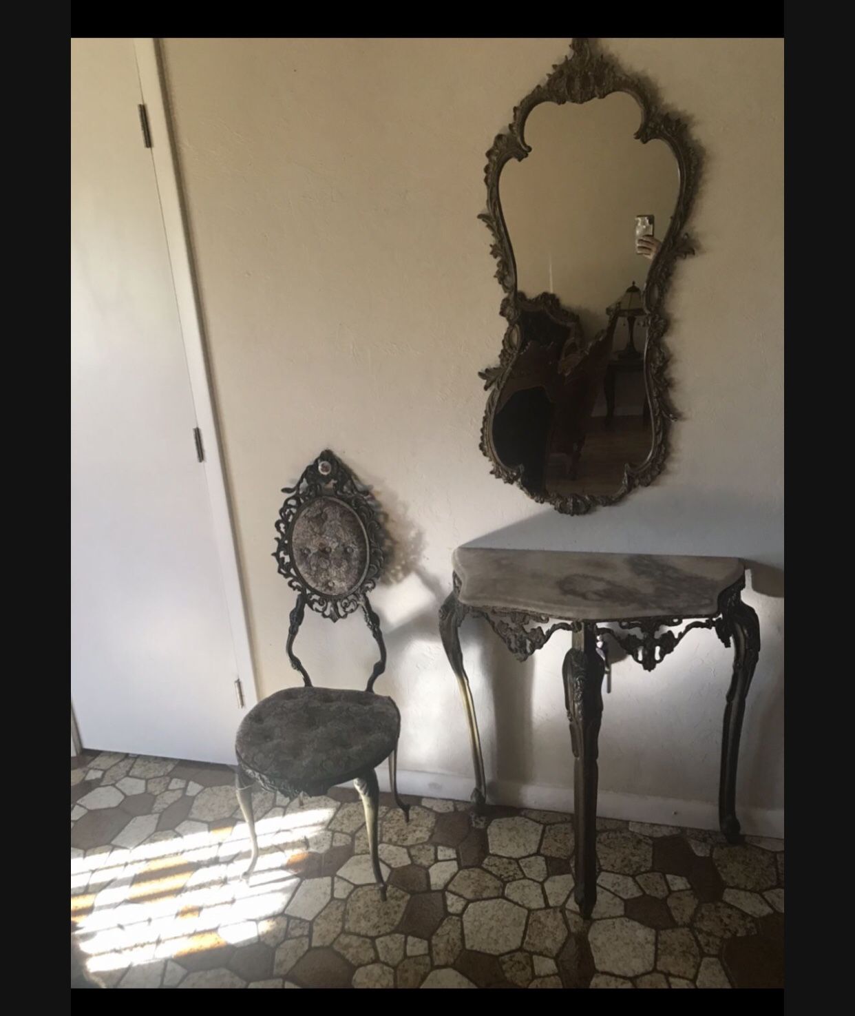 Carved Mirror, Iron Parlor Chair, Iron Carved  3 Legged  Marble Top Entry Table,