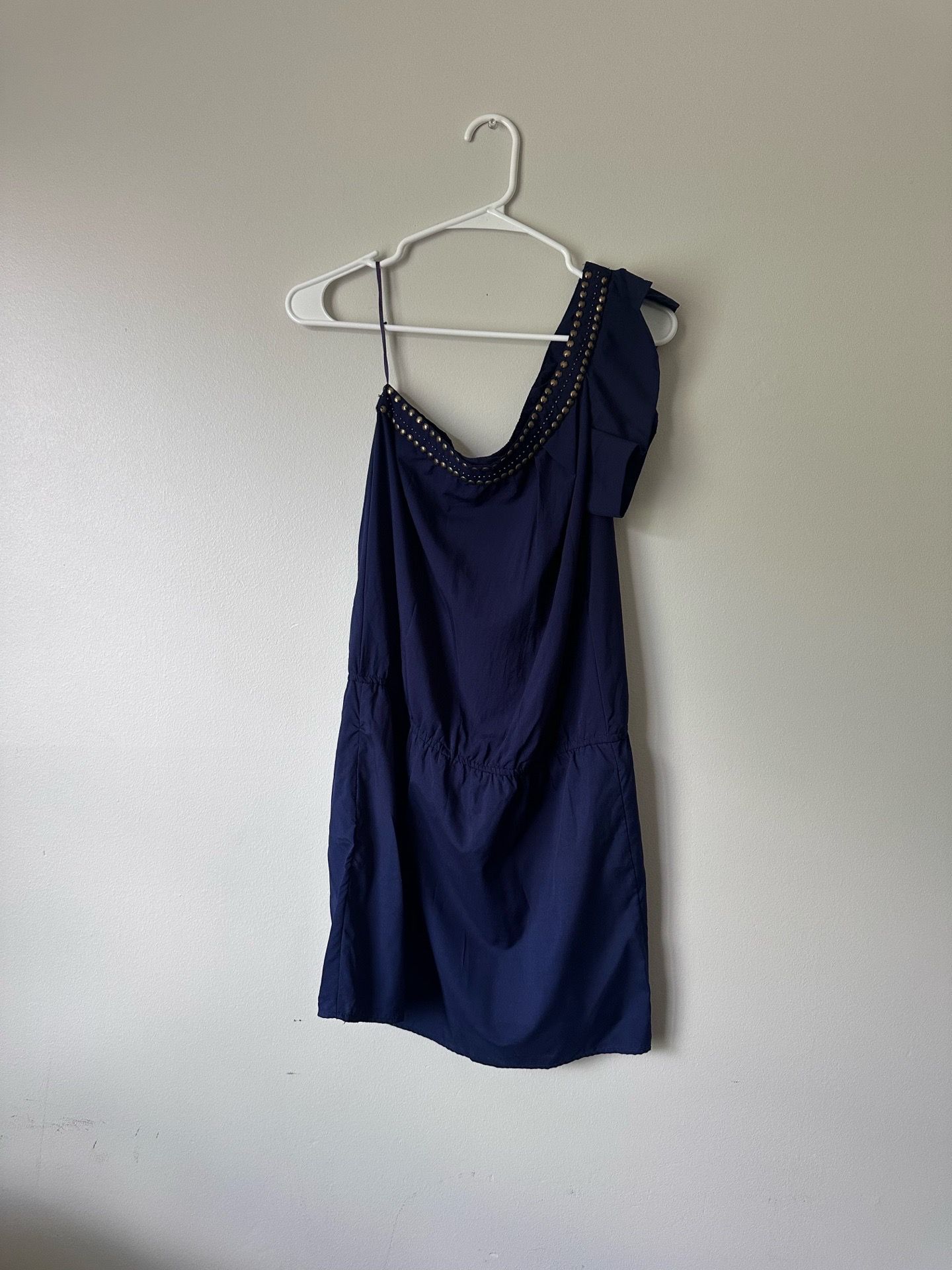 Angie One‑Shoulder Studded Trim Dress – Size M (Navy Color)