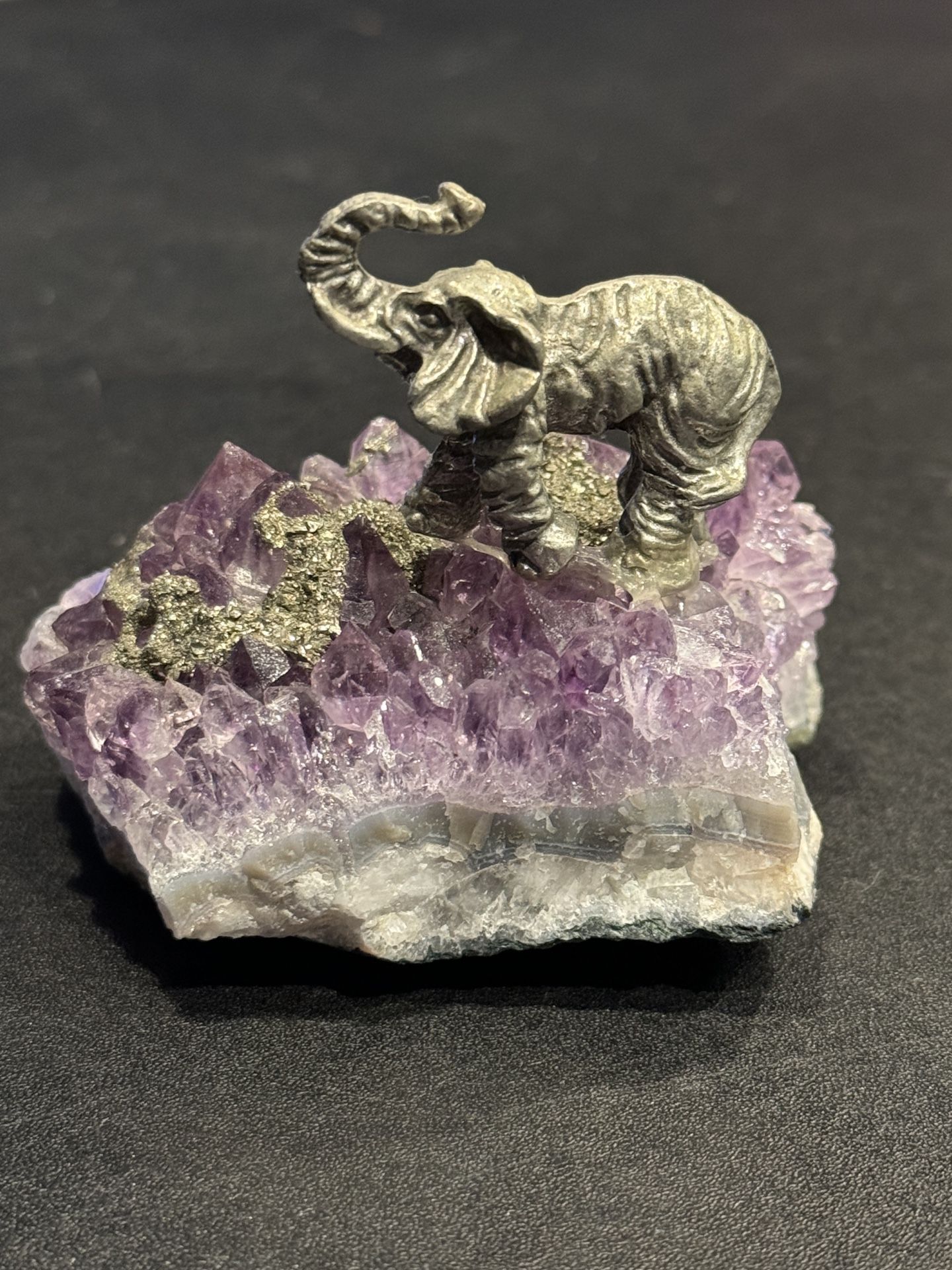 Heavy Natural Amethyst Crystal w/ Pewter Elephant Paperweight Healing Spiritual Reiki. Approximately 3” x 2” & 9oz weight.